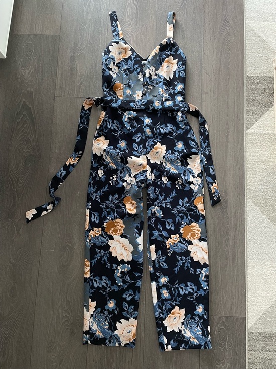 Little Moon Pants - Floral V-Neck Navy Jumpsuit with Belt Aritzia Little Moon 00 XS jumper romper
